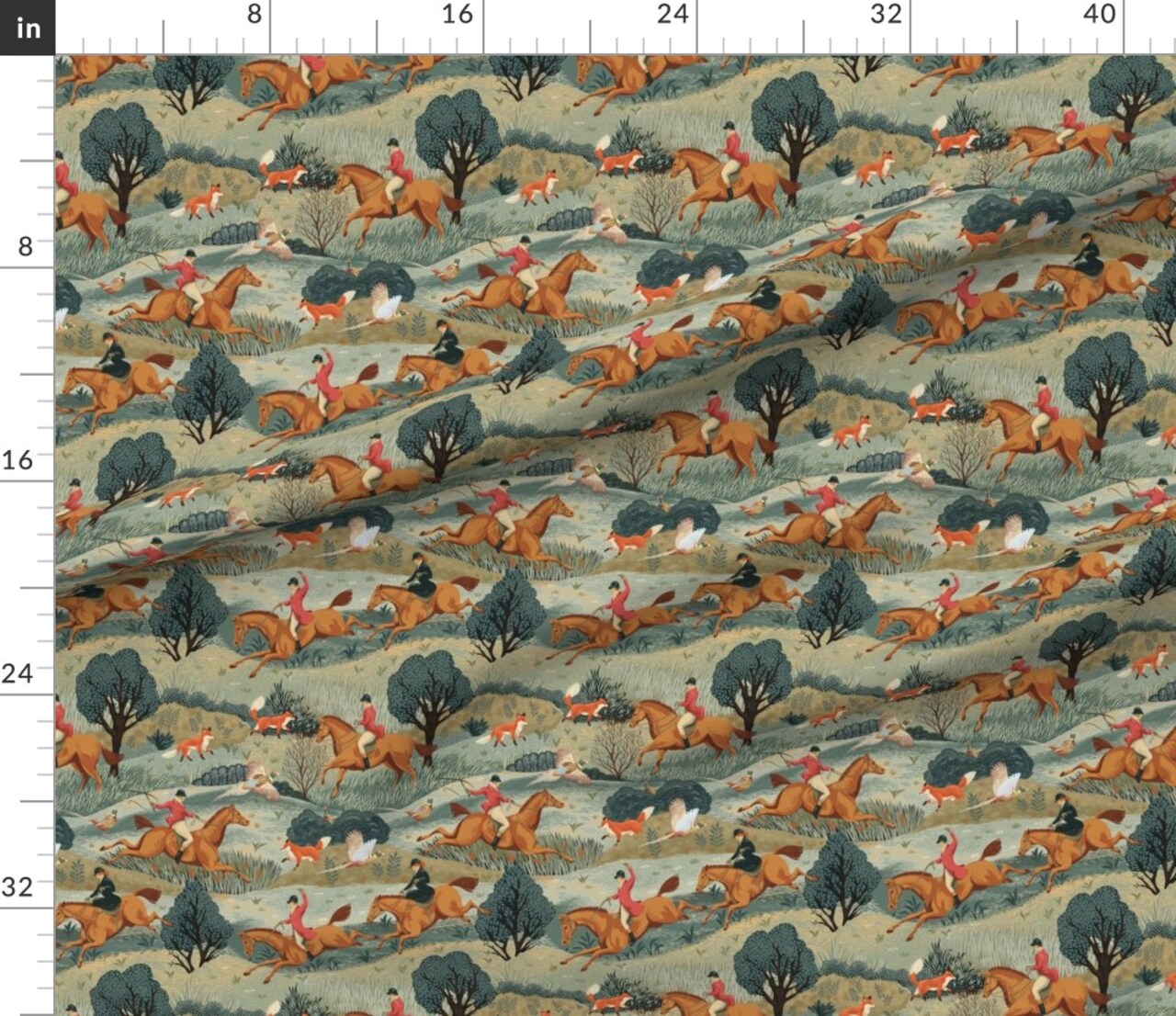 Anglophile British Horses Hunt Countryside Trees Fox Colonial Pheasants Horseback Riding England Fox Hunt Hand Drawn Cabincore Cottagecore Custom Printed Fabric by Spoonflower Various Fabrics by the Yard or Fat Quarter